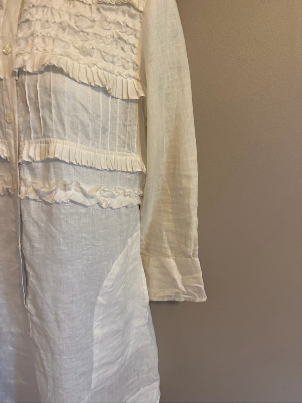 Henry Cottons White 100% Linen Ruffle Pintuck Tunic Shirt Dress Pocket Sz 42 (6) - Picture 3 of 9